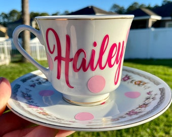 Personalized Tea Cup and Saucer Set - Vintage Tea Cup and Saucer - Floral Design - Custom Lettering