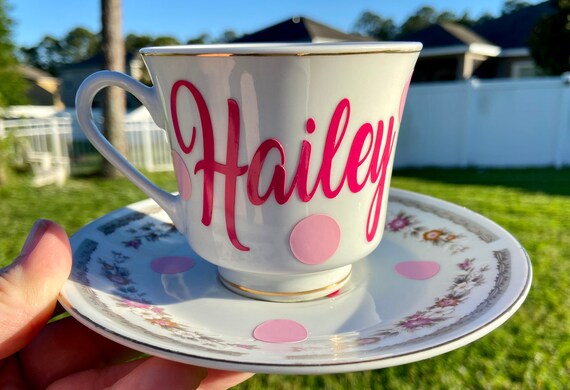 Personalized Tea Cup and Saucer Set - Vintage Tea Cup and Saucer - Floral Design - Custom Lettering