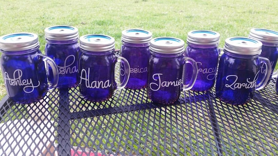 16 oz  Personalized  MASON JAR Sippy Tumbler - Glass with Handle - Purple Glass-  Wedding Glasses - Personalized Gifts
