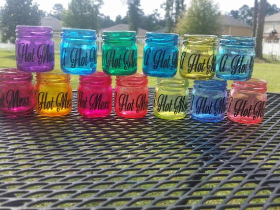 Mini Mason Jar Shot Glasses - Set of 10 - CHOOSE COLORS  or colors of event Wedding Favors - Bachelorette Party -Initials