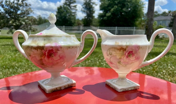 RS Prussia Creamer and Sugar Bowl with Lid - Red Marking