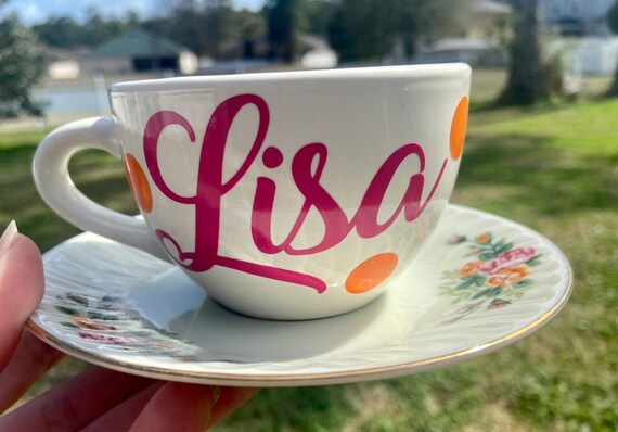 Vintage Floral  Personalized Tea Cup and Saucer Set - Choose Name - Floral design