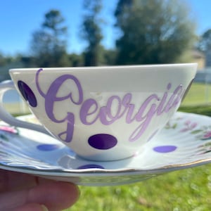 Personalized Tea Cup and Saucer Set - Choose Name - Rose design with light purple and green.