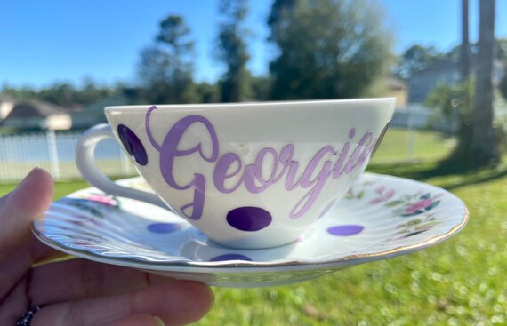 Personalized Tea Cup and Saucer Set - Choose Name - Rose design with light purple and green.