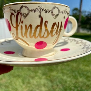 Personalized Tea Cup and Saucer Set.- Cream and Gold with Flowers. - Vintage Floral Tea Cup and Saucer Set