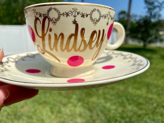 Personalized Tea Cup and Saucer Set.- Cream and Gold with Flowers. - Vintage Floral Tea Cup and Saucer Set