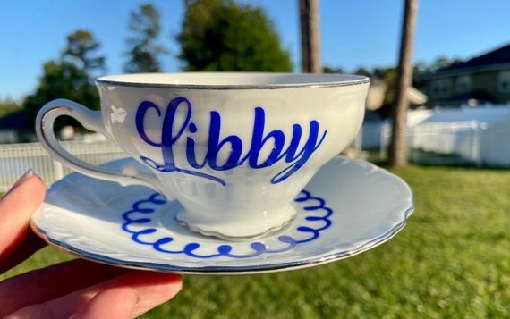 Personalized Tea Cup and Saucer Set.-  Bone White with choice of color  - Vintage Tea Cup Set