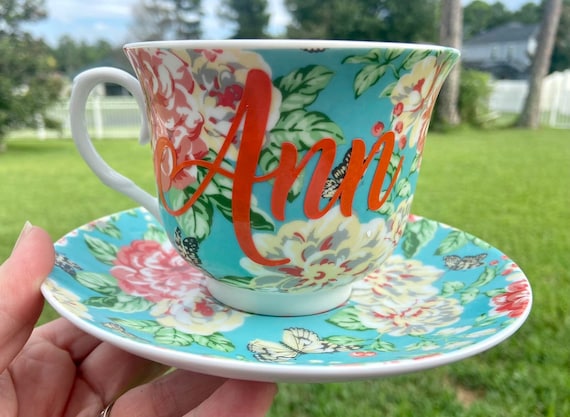 Personalized Floral Teacup - Coral Pink, 16oz