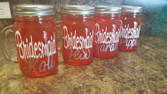 Wedding Personalized Sippy Mason Jar Tumbler - Glass with Handle -Coral or Choose Your Colors-  Bachelorette - Weddings Welcome