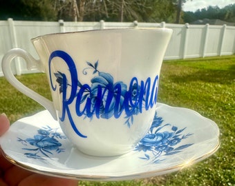 Floral  Blue Personalized Tea Cup and Saucer Set -  choose name -  tea party