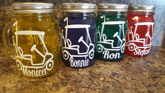 16 oz  Personalized Golf Cart MASON JAR Sippy Tumbler - Glass with Handle - Choose your Color -  Golf Gift - Mason Jar Gift