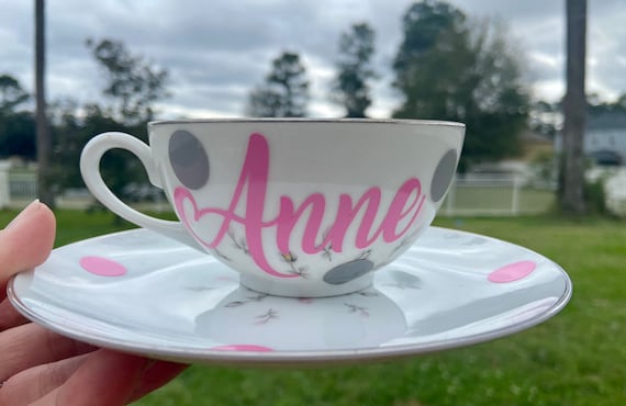 Personalized Tea Cup and Saucer Set - Choose Name - floral design with light pink and Grey