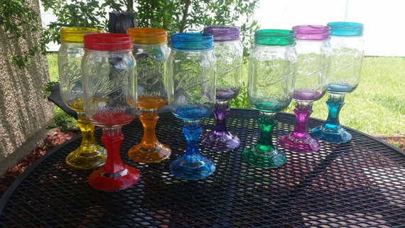 Mason Jar Margarita -Wine - Sangria Glass- CHOOSE COLOR of stem- Bright colors - Weddings - Bachelorette Party - Events