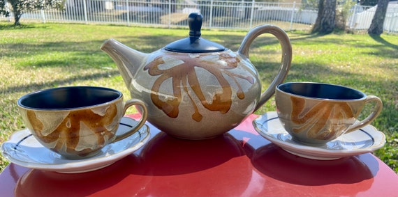 Rare Pier One Floral Teapot and Tea Cup Set - Yellow - Cream and Black