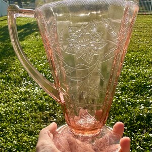 Pink Depression Glass Pitcher - Jeanette Floral Footed Pink Poinsetta