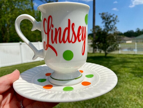Coffee Mug- Personalized Coffee or Tea Cup -  Bone White with orange design.