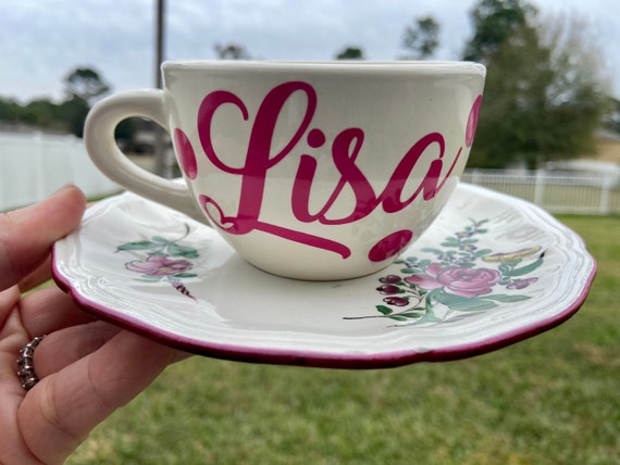 Vintage French Personalized Tea Cup and Saucer Set - Choose Name - Floral design