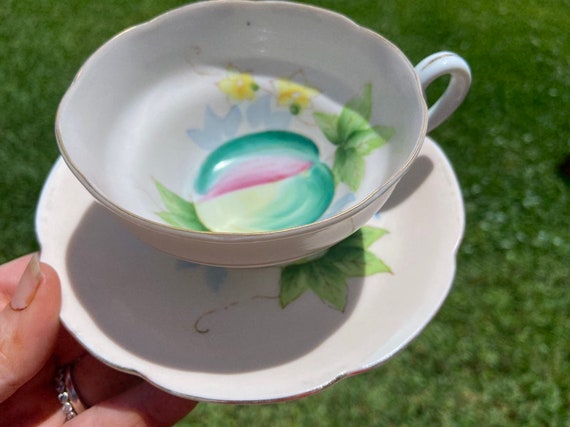 Vintage Japan Handpainted Watermelen Tea Cup and Saucer Set - beautiful blossom design - mismatched