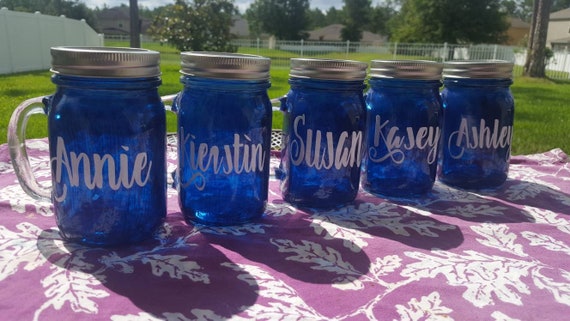 16 oz  Personalized  MASON JAR Sippy Tumbler - Glass with Handle - Choose your Color -  Wedding Glasses - Personalized Gifts - Sapphire Blue