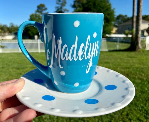 Personalized Polka Dot Coffee Mug with Saucer - Choose Color