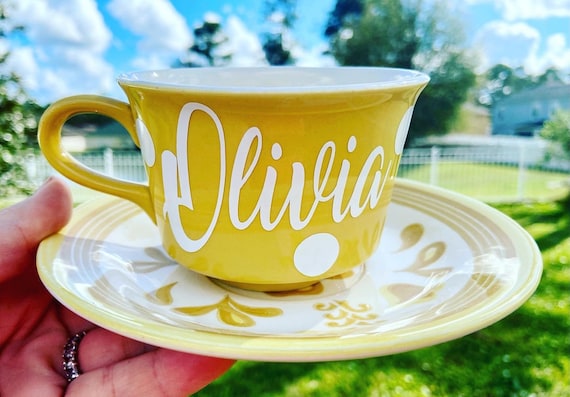 Personalized Tea Cup and Saucer Set - Choose Name - Orange and White Design