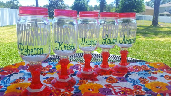 Ball Mason Jar Margarita -Wine - Sangria Glass- CHOOSE COLOR of stem- Bright colors - Weddings - Bachelorette Party - Events Custom Letters