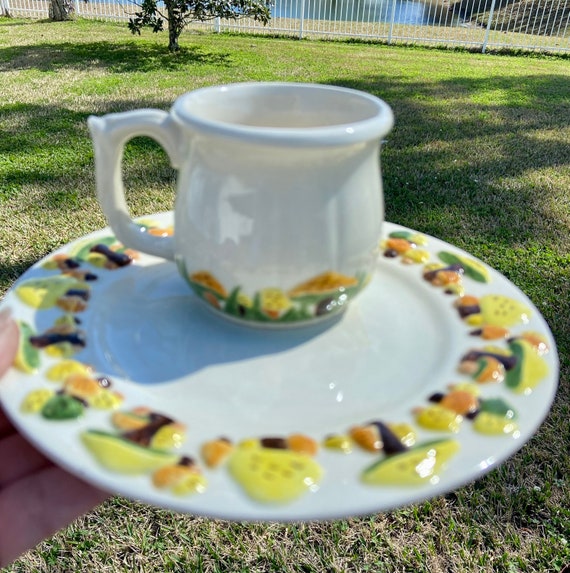 1970s vintage mushroom pottery coffee cup and plate - Boho design - rare design