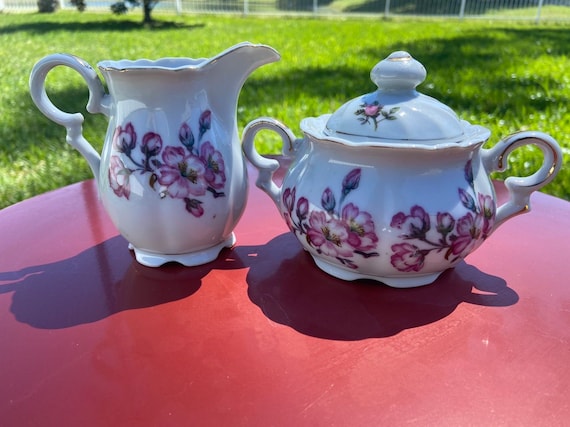 Pink Dogwood Japan Floral  Vintage Sugar Bowl and Creamer Set - English teaparty