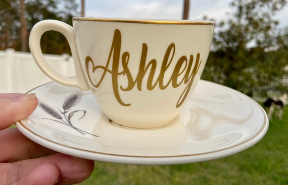 Personalized Tea Cup and Saucer Set - Cream and Gold Tea Cup - Wheat Tea Cup Set