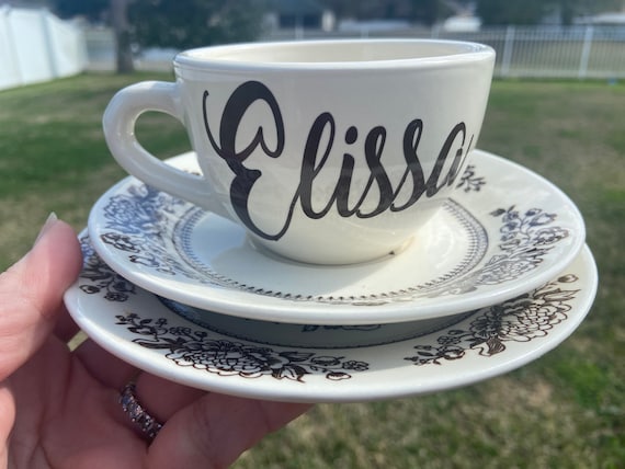 Brown Floral Personalized Tea Cup with dessert plate - cream and brown