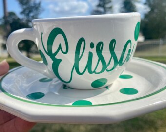 Kelly Green and White Personalized Tea Cup and Saucer - Elegant design - choose personification