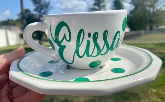 Kelly Green and White Personalized Tea Cup and Saucer - Elegant design - choose personification