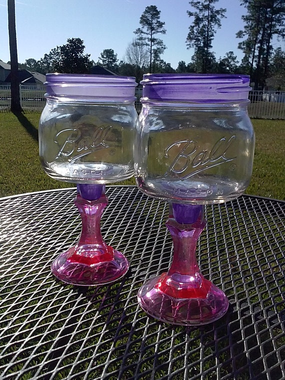 PAIR - Mason Jar Margarita or Sangria Glass - 16oz Square Elite - Purple and Coral - Bachelorette Orders Welcome - Wedding
