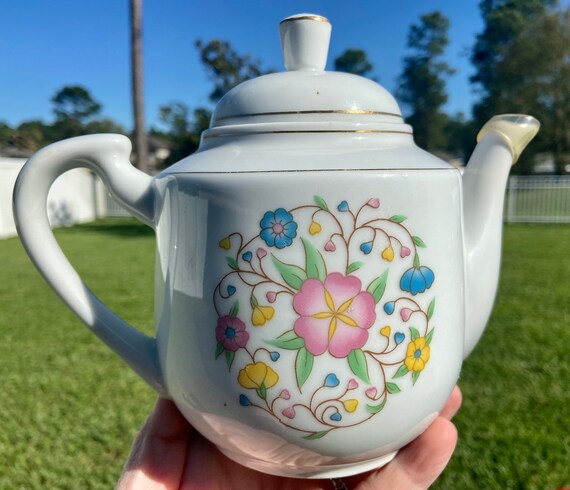 Vintage Floral Teapot from China - Bone White with Pastel design