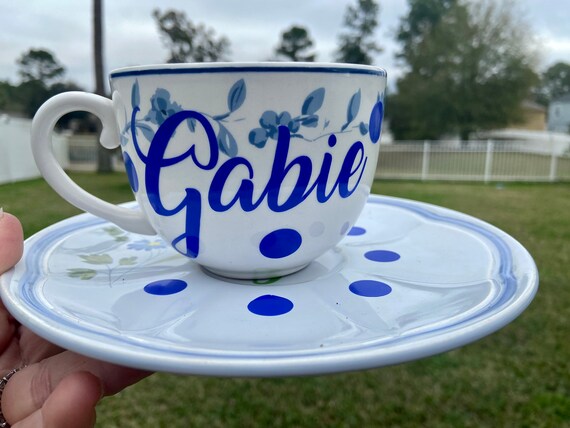 Personalized Flower Teacup and Saucer Set - Bone white with Blue Flowers
