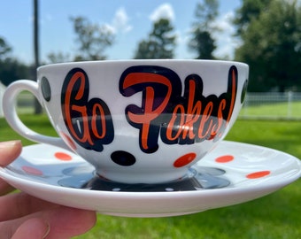 College Football Coffee or Tea Saucer Set - Oklahoma State University Coffee or Cappuccino Set - Tea Cup Set - Personized Gift