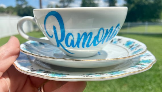 Blue Vintage Tea Cup Plate and Saucer set - three piece set - personalized - bone white with floral