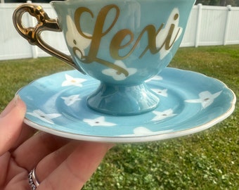 Personalized Flower Teacup and Saucer Set - Blue and  white flowers - Coffee Cup Set - Cappuccino
