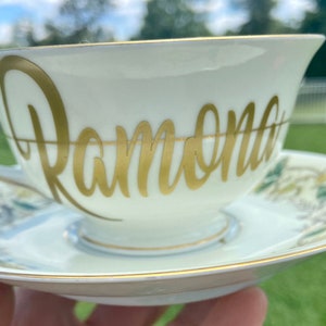 Personalized Tea Cup and Saucer Set - vintage English tea cup - floral and gold design.
