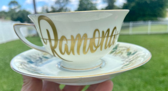 Personalized Tea Cup and Saucer Set - vintage English tea cup - floral and gold design.