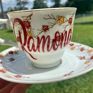 Personalized Tea Cup and Saucer - Japan bone china - red and yellow floral design