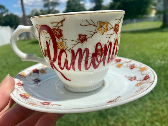 Personalized Tea Cup and Saucer - Japan bone china - red and yellow floral design