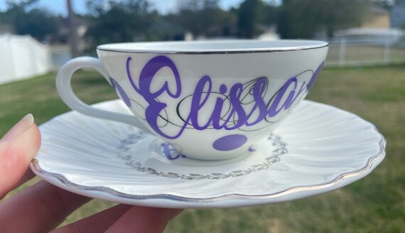 Vintage Silver and Grey Tea Cup and Saucer Set - Personalized with name and color of choose.