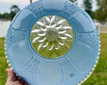 Luminaire Art nouveau à 3 chaînes, abat-jour en verre vintage des années 1950 - Motif floral bleu et transparent