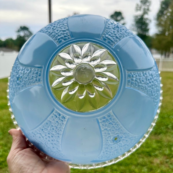 Vintage 1950s Art Nouveau 3 Chain Glass Shade Lighting Fixture - Blue and Clear Floral Design