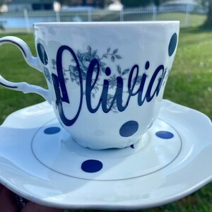 Personalized Tea Cup and Saucer Set - Floral Design - Choose Name - navy blue lettering