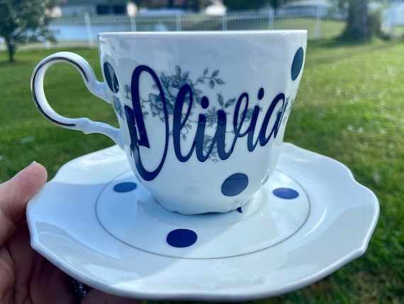 Personalized Tea Cup and Saucer Set - Floral Design - Choose Name - navy blue lettering