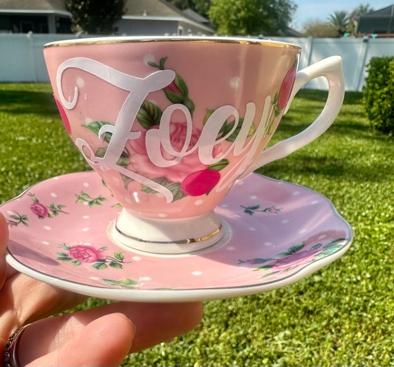 Floral  Personalized Tea Cup and Saucer Set -  choose name -  tea party