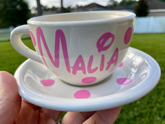 Disney Font Tea Cup and Saucer Set - Custom Tea Cup- Pink Tea Cup -  Birthday Gift -  Personalized Tea Cup