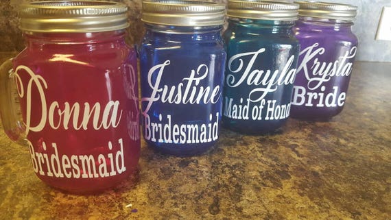 Wedding Personalized Sippy Mason Jar Glasses - Glass with Handle - Choose Your Colors-  Bachelorette Glasses - Weddings